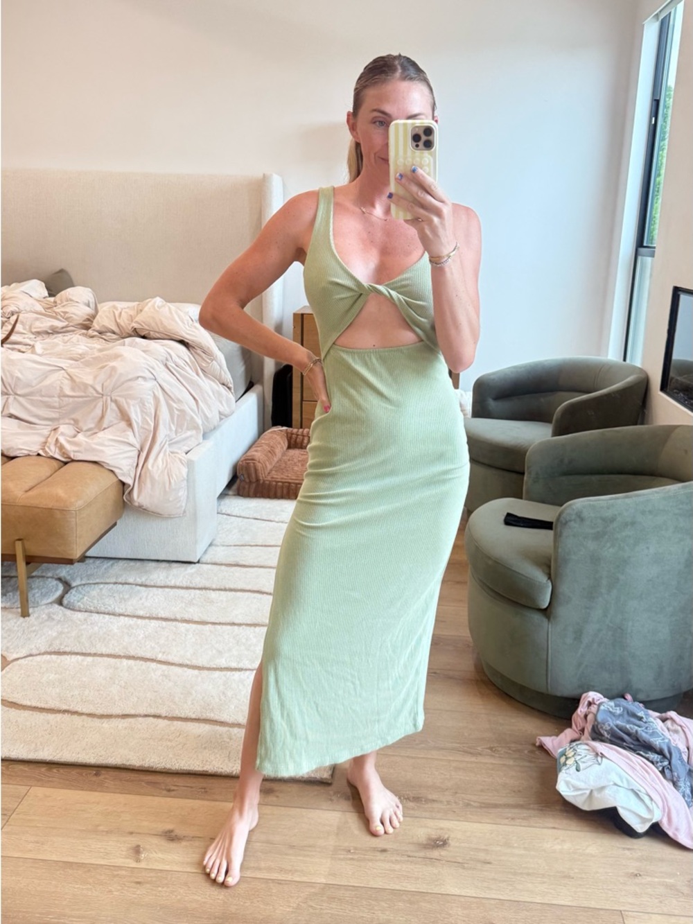 l*space Sage Green Twist Cutout Midi Dress size Small